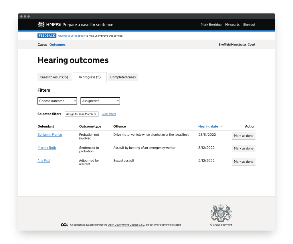 A screen showing the service Prepare a case for sentence There is a dashboard titled "hearing outcomes", three tabs called  Cases to result, In progress and completed cases