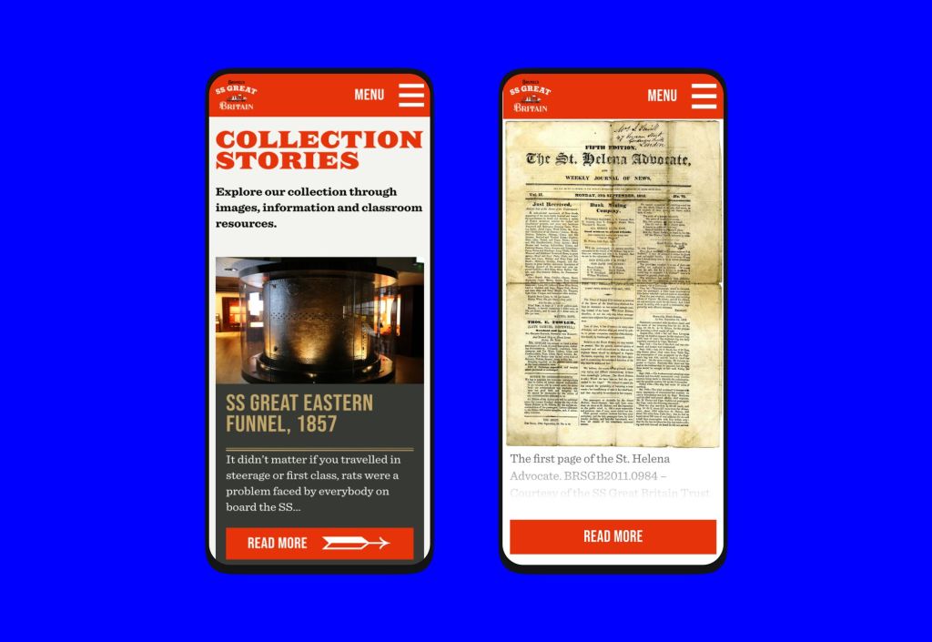 2 mobile mock ups side by side showing the collection archive and a single archive